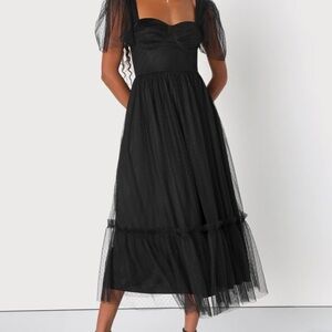 Dreamy Celebration Black Tulle Bustier Swiss Dot Midi Dress